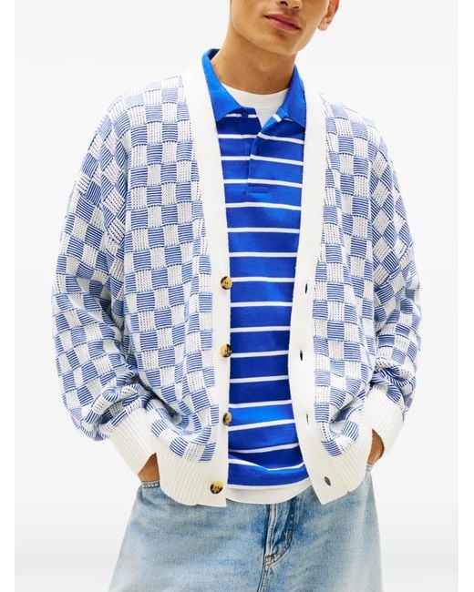 Tommy Hilfiger Blue Tommy Badge Checkerboard-Knit Cotton Cardigan for men