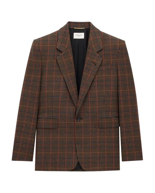 Saint Laurent Brown Checked Single-Breasted Wool Blazer