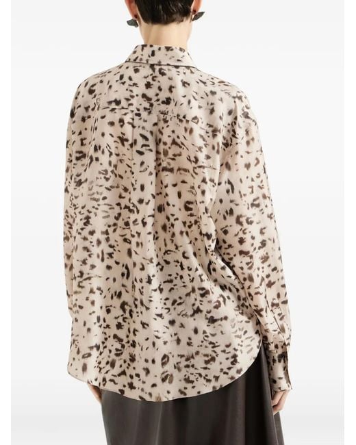 Brunello Cucinelli White Lynx Print Silk Pongee Shirt With Monili
