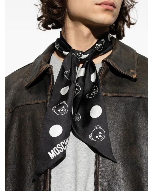 Moschino Black Bear Polka-Dot Silk Scarf