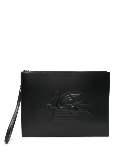 Etro Black Pegaso-motif Leather Clutch Bag for men