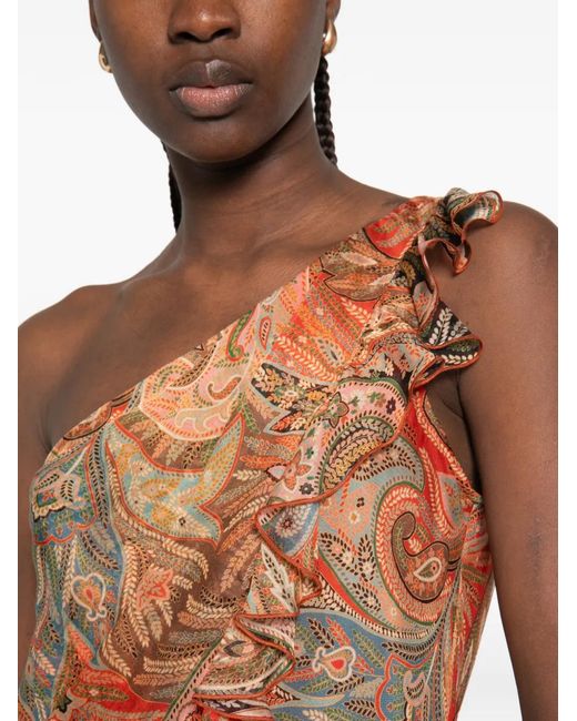 Etro Orange Ruffled Paisley Top