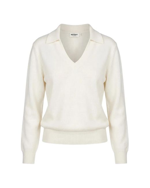 Not Shy White Palmer V-Neck Spread-Collar Sweater