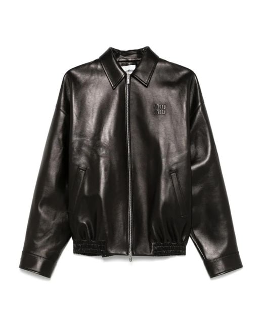 Veste En Cuir À Logo Appliqué Miu Miu en coloris Black