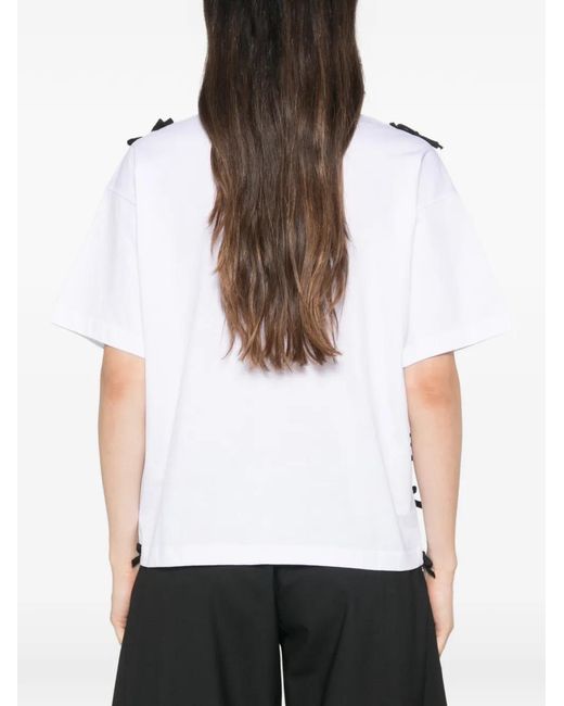 Moschino White Bow-Embellished Lattice-Overlay T-Shirt