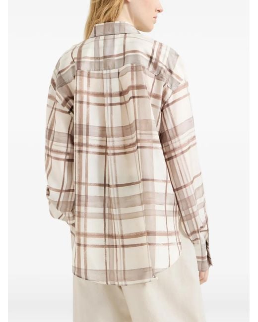 Brunello Cucinelli White Silk Pongèe Shirt In Macrocheck Print