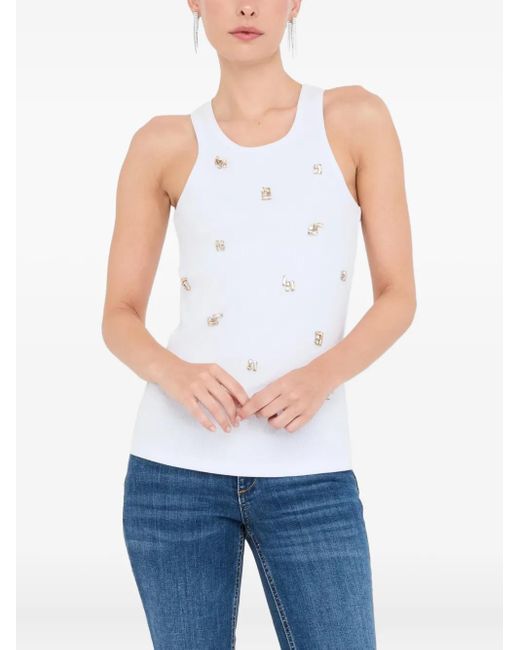 Liu Jo White Ribbed Bejewelled Tank Top