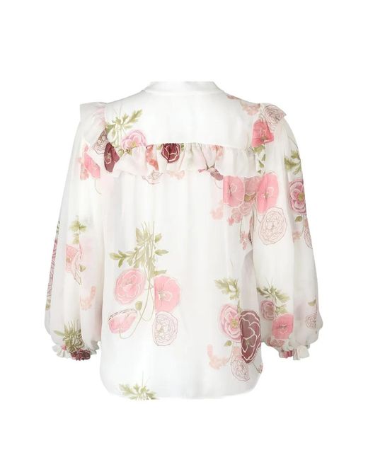 Giambattista Valli White Ruffled-Detail Floral-Print Blouse