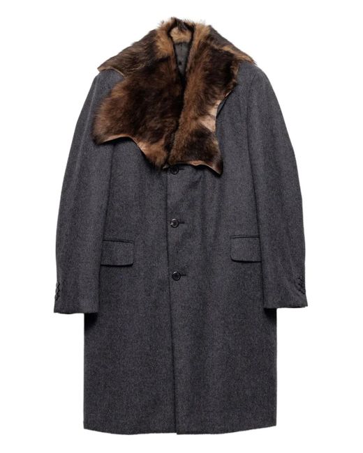 Prada Gray Sheepskin-Collar Wool Coat for men