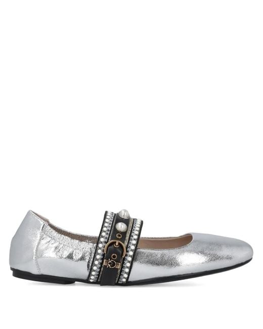 Pinko White Pearl-Embellished Buckle Ballet Flats