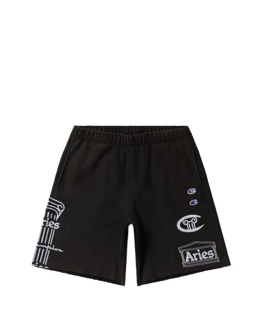 Champion Black Logo-Print Raw-Cut Shorts