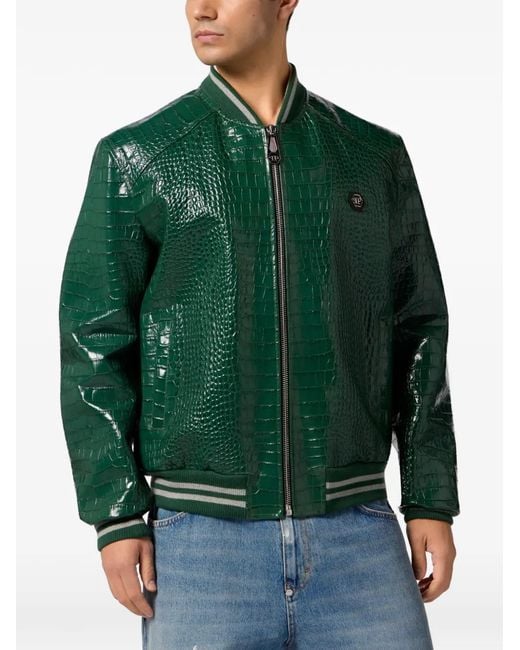 Philipp Plein Green Leather Bomber Jacket for men
