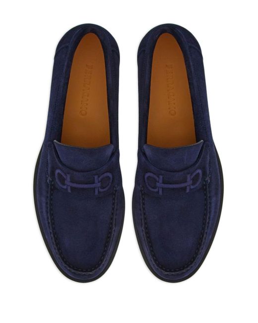Ferragamo Blue Logo-embroidered Leather Loafers for men