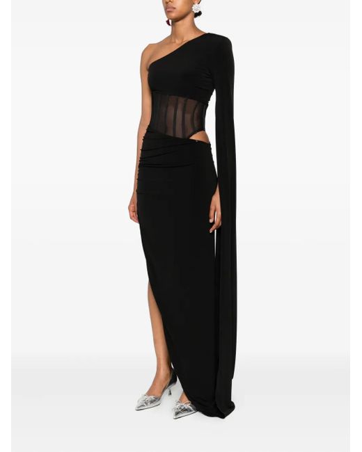 Nissa Black One-Shoulder Sheer-Insert Maxi Dress