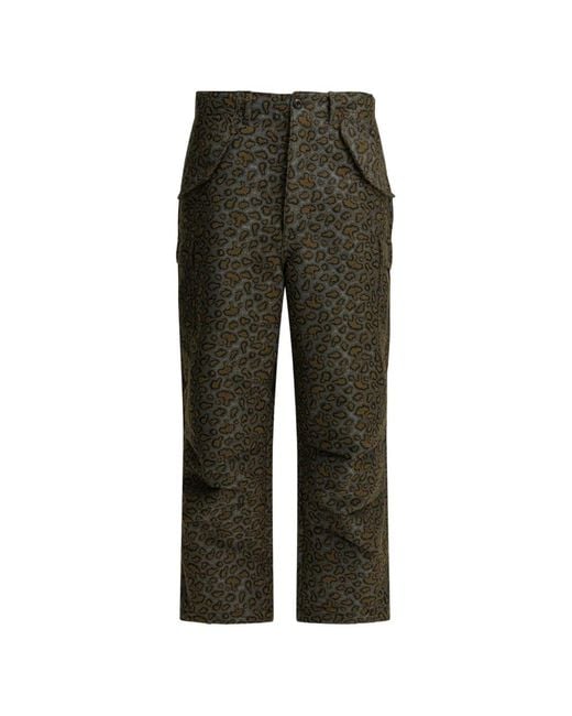 Beams Plus Green Flap-Pocket Leopard Print Trousers for men