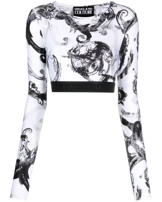 Versace White Watercolour Couture-print Crop Top