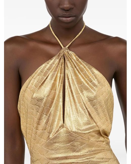 Roberto Cavalli Metallic Halter Serpentine-Print Jumpsuit