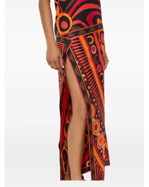 Emilio Pucci Red Marmo And Soleil Prints Asymmetrical Silk Dress