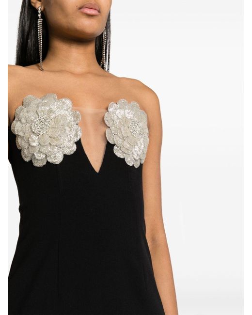 Nissa Black Floral-appliqué Crystal-embellished Maxi Dress