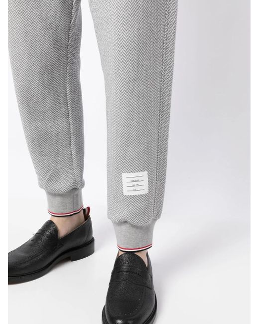 Thom Browne Gray Herringbone-Pattern Logo-Patch Track Pants for men
