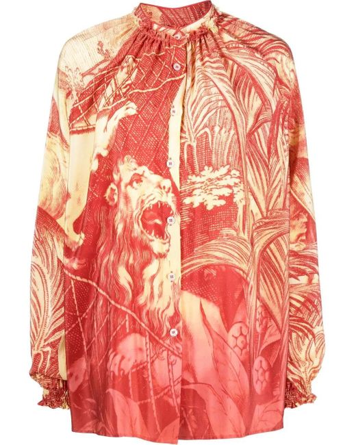 F.R.S For Restless Sleepers Red Graphic-Print Silk Blouse