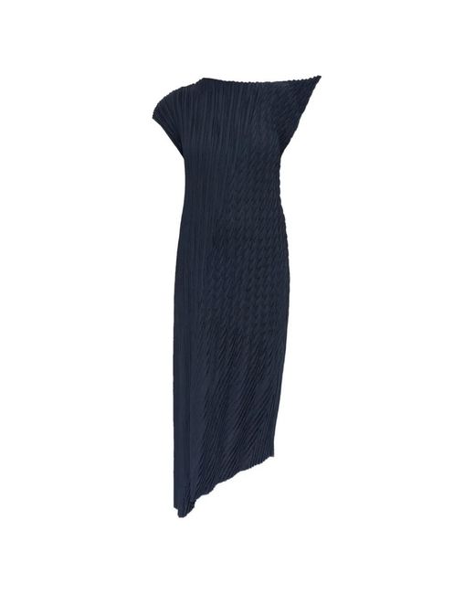 Issey Miyake Blue Asymmetric Pleated Midi Dress