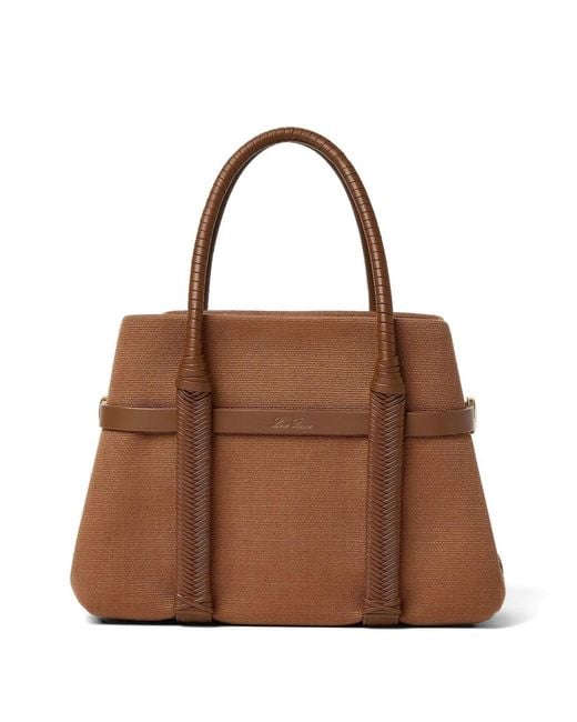 Loro Piana Brown Smal Leather-Trim Canvas Tote Bag