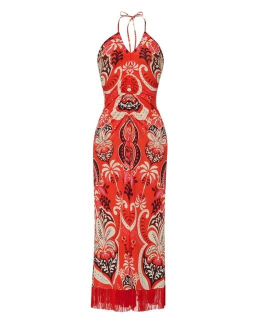 Cara Cara Red Shelter Island Fringed Patterned Maxi Dress
