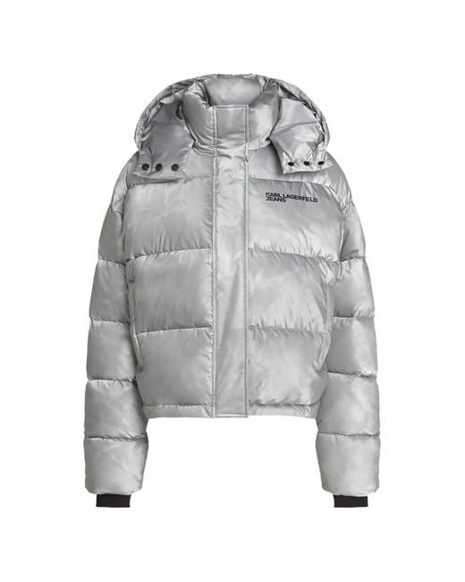 Karl Lagerfeld Gray Cropped Shiny Puffer Jacket