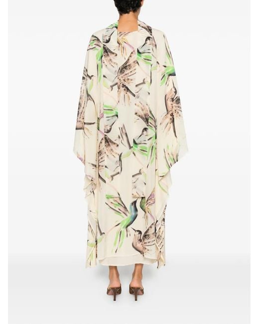 Psophia White Bird-Print Long-Sleeve Midi Dress