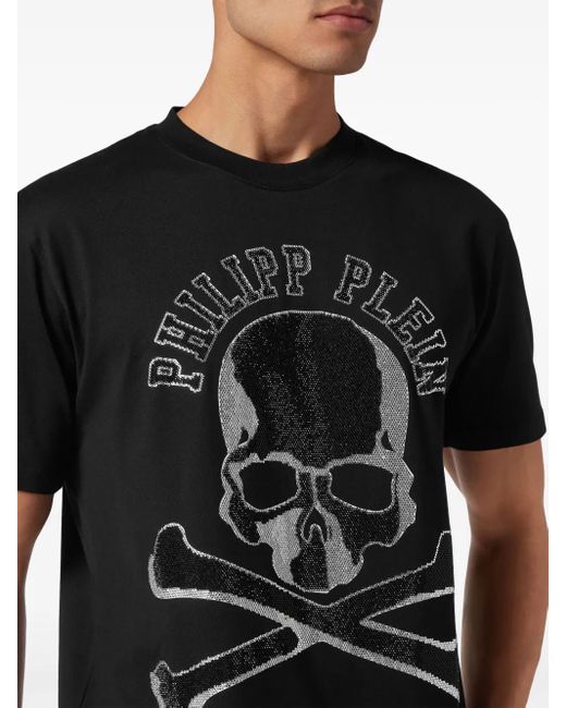 Philipp Plein Black T-Shirt Round Neck Ss Skull & Bones for men