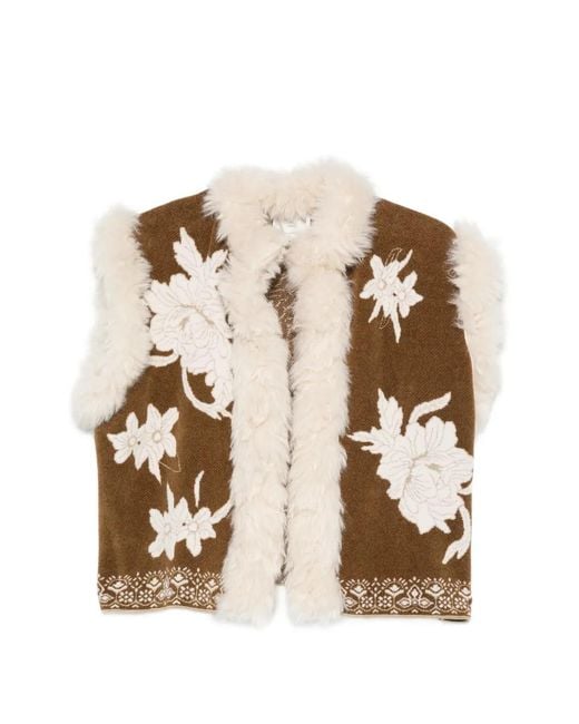 Forte_forte Natural Veste À Fleurs En Intarsia Et Finitions En Peau Lainée