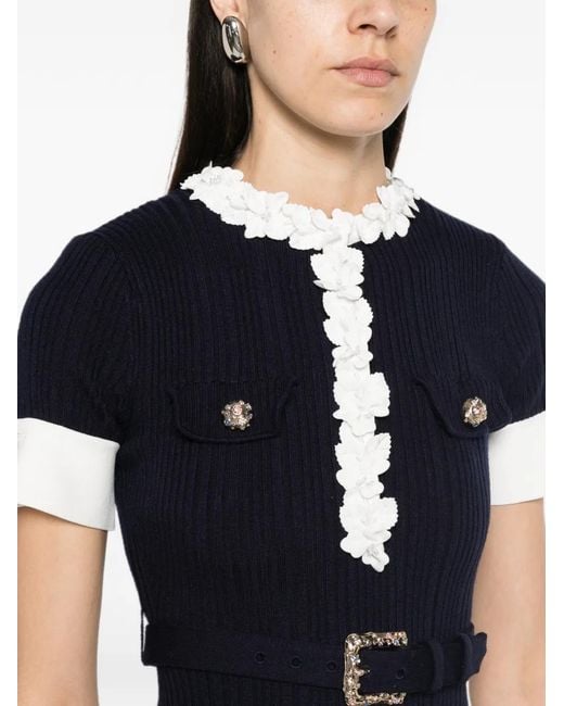Self-Portrait Black Belted Floral-Embellished Midi Dress