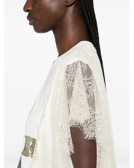 My Twin White Lace-Trim Sequin-Logo Cotton T-Shirt