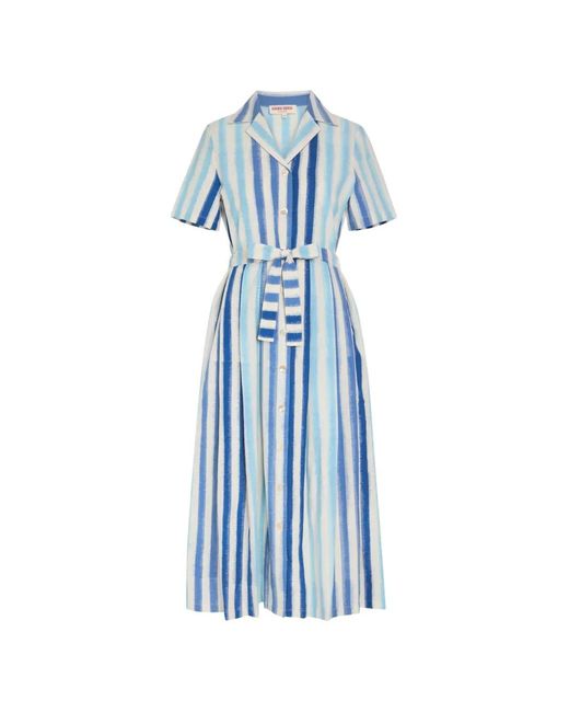 Emporio Sirenuse Blue Ikat-Stripe Belted Maxi Dress