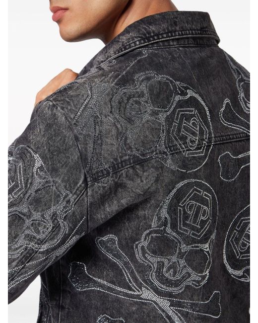 Philipp Plein Gray Crystal-embellished Denim Jacket for men