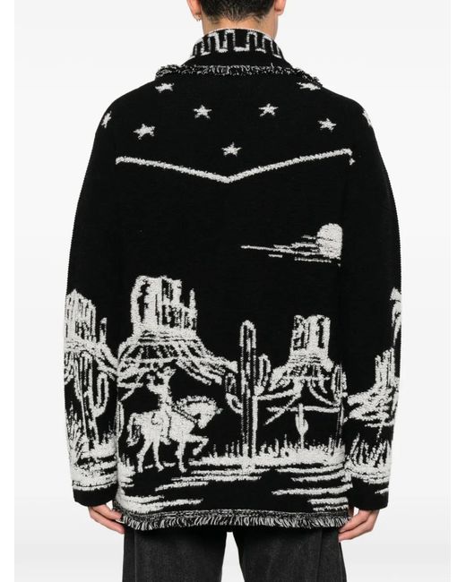 Alanui Black Intarsia-Knit Fringed Cardigan for men