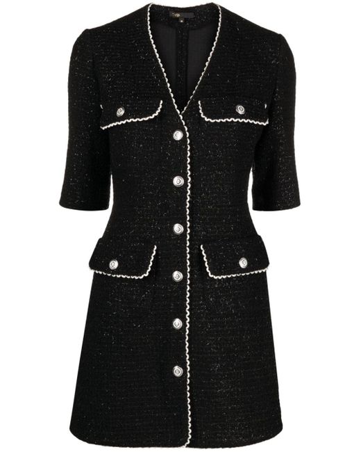 Maje Black Two-tone Buttoned Tweed Minidress