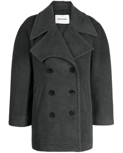 Low Classic Black Notched-Lapels Double-Breasted Coat