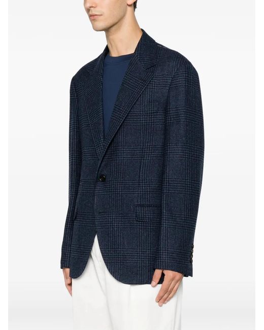 Brunello Cucinelli Blue Check-Pattern Single-Breasted Blazer for men