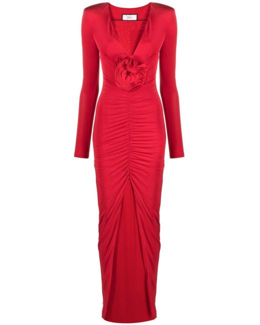 Nissa Red Floral-appliqué Ruched Maxi Dress
