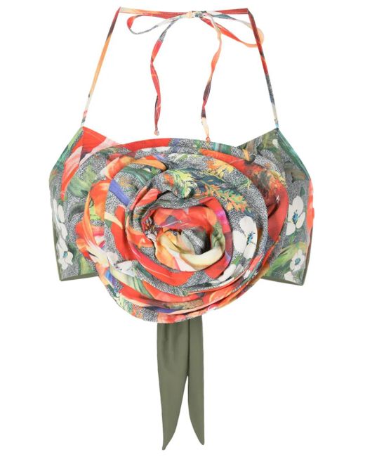 Amir Slama Red Floral-Appliqué Crop Top