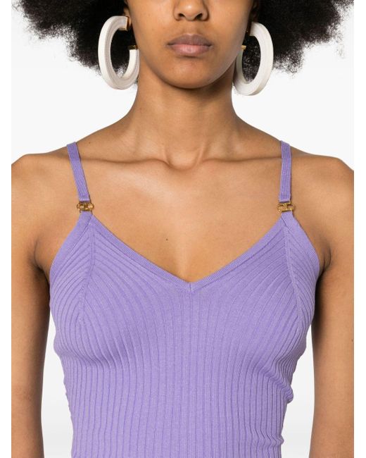 Elisabetta Franchi Purple V-neck Ribbed Midi Dress
