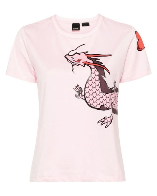 | T-shirt Quentin in cotone con stampa drago | female | ROSA | XS di Pinko in Pink