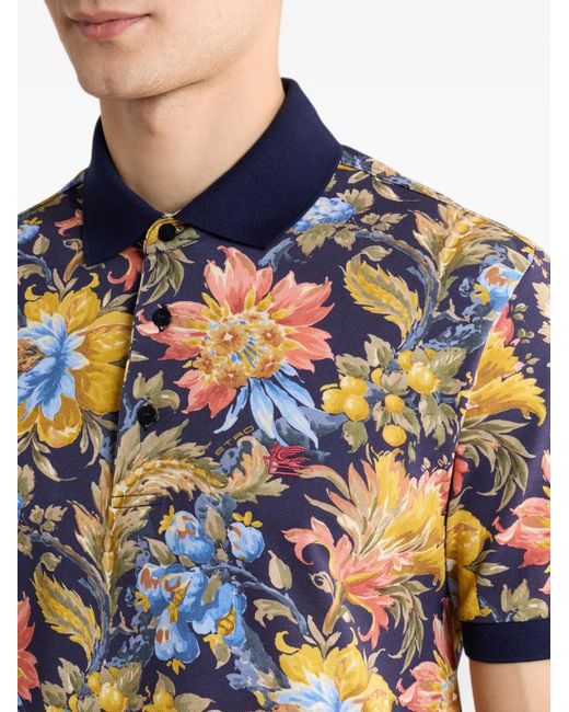 Etro Blue Cotton-Pique Polo Shirt With Plain-Colour Details And Floral-Motif for men