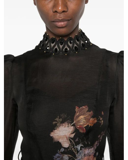 Zimmermann Black Valiant Floral-Print Mini Dress