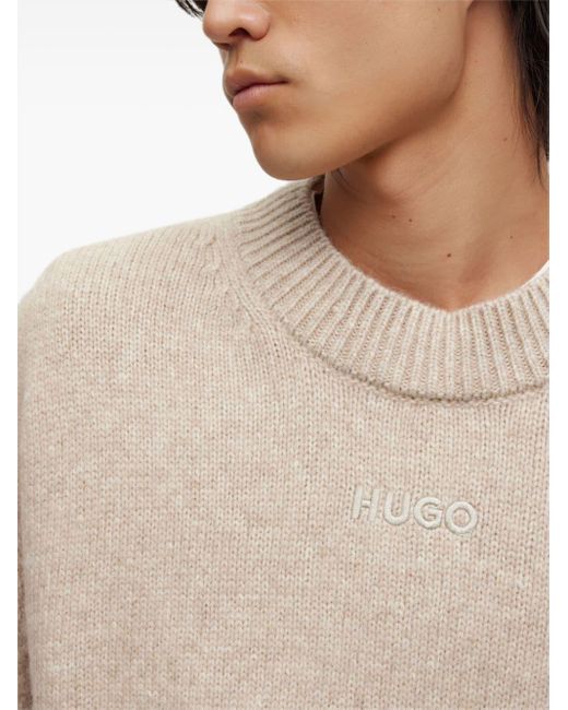 HUGO Natural Logo-embroidered Crew-neck Jumper for men