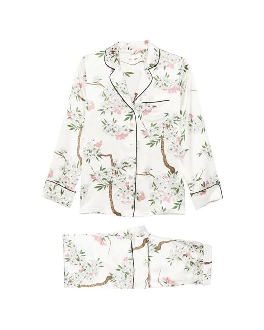 Olivia Von Halle White Floral-Print Silk Pajamas