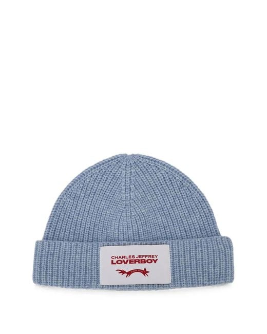 Charles Jeffrey Blue Logo-Patch Ribbed-Knit Beanie Hat