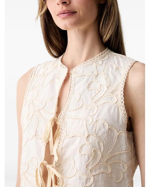 Haveone White Floral-Embroidered Tie-Fastening Tank Top